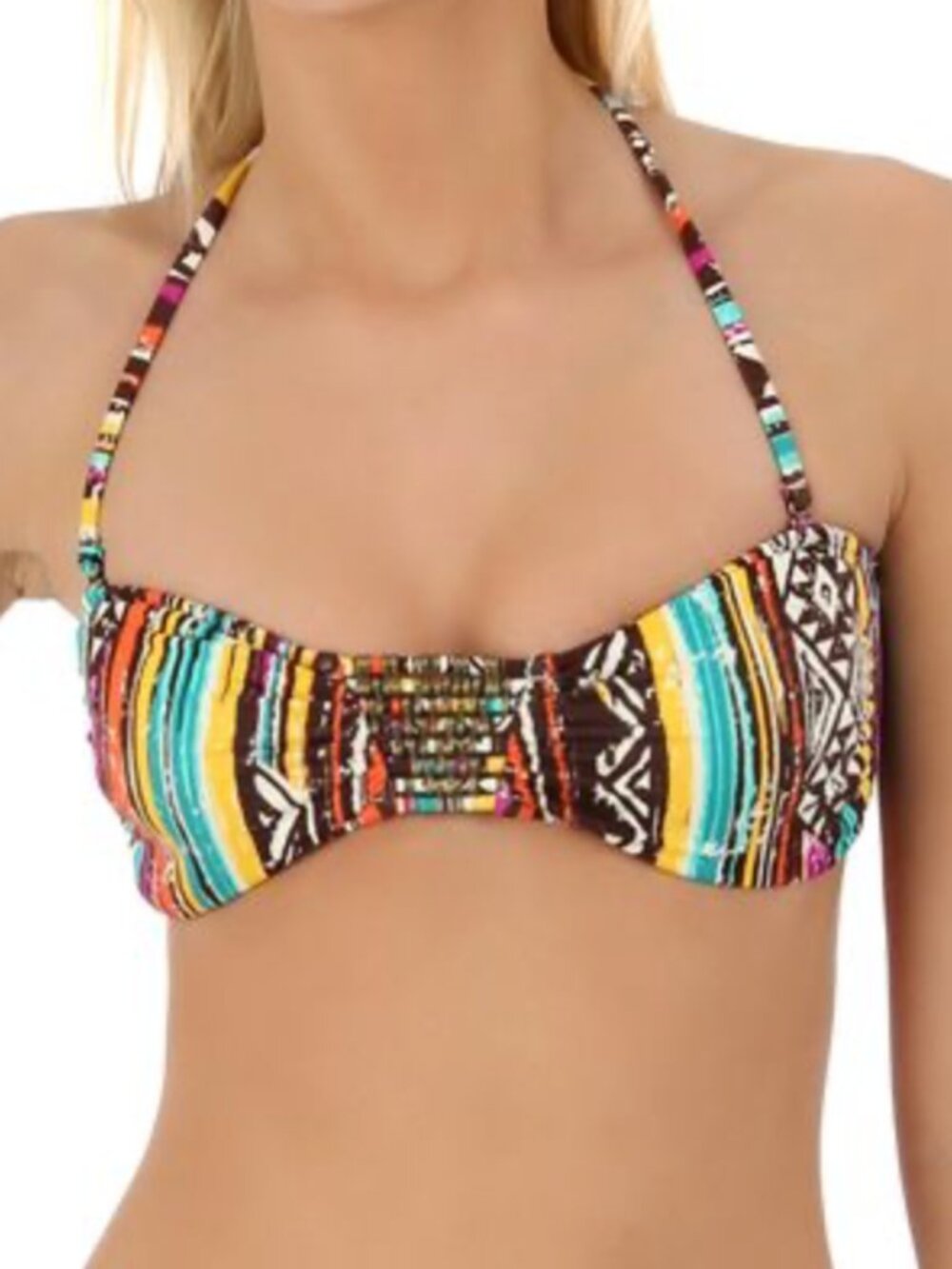 NEW NWT HOBIE Sierra Bandeau Beaded Stripe Swim Bikini Brown Yellow Orange Boho